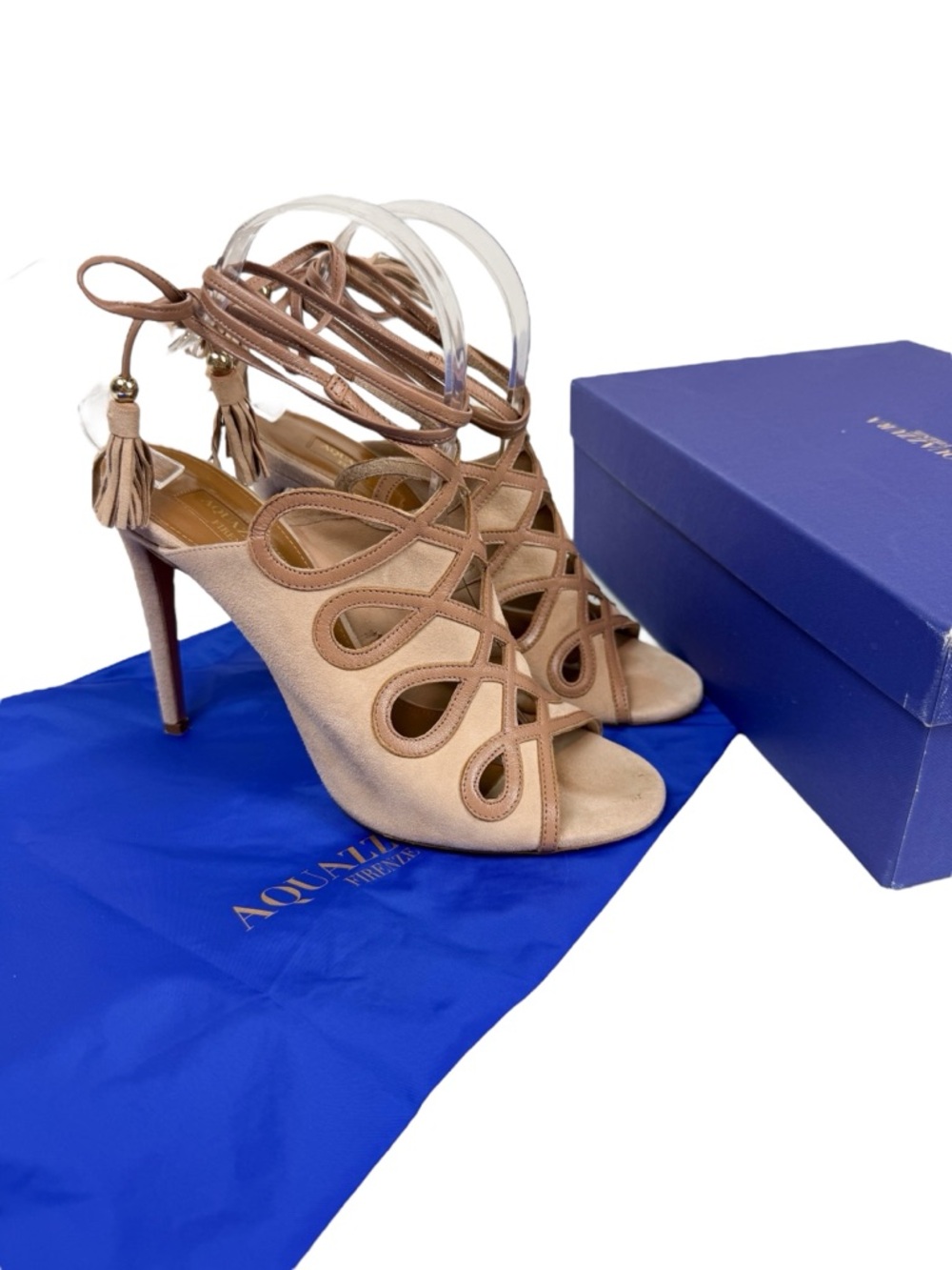 Aquazzura Sergeant 105 Cutout Sandals Beige Suede Tie Ankle Stiletto Heel Sz 39